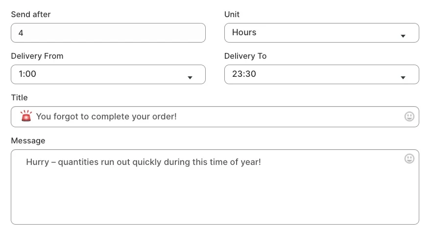Abandoned-cart reminder timing and message settings
