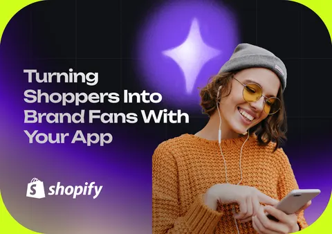 Customer loyalty illustrated with shoppers and a mobile app