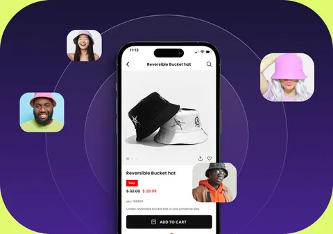 Shopping app surrounded by customer profiles and products