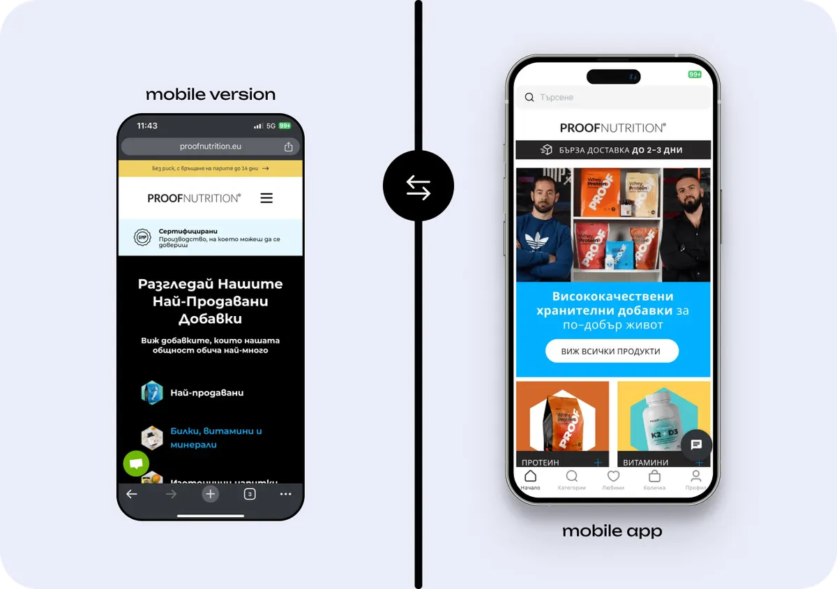 Mobile website and native shopping app shown side by side